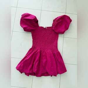 LoveShackFancy Asa Smocked Mini Dress Fuscia Puff Sleeved NWOT